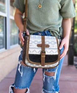 Myra Gray & Cream Aztec Buckle Crossbody Handbag