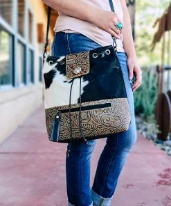 Myra Handbags & Wallets Black & White Cowhide Drawstring Handbag