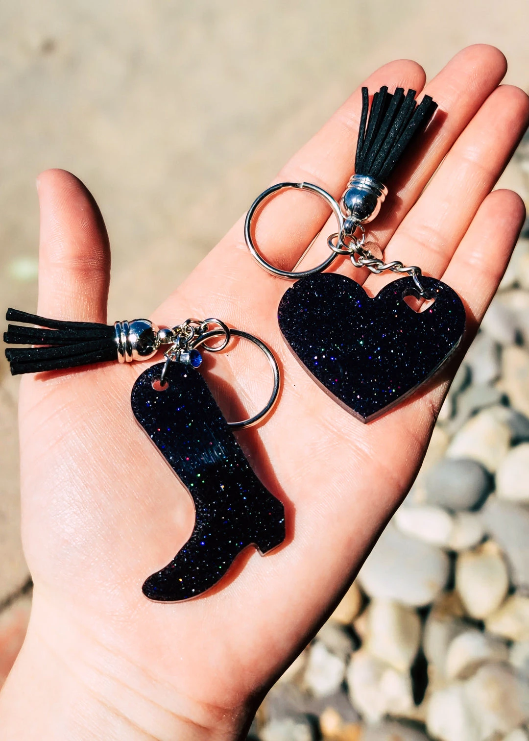 The Cinchy Cowgirl Holographic Black Heart & Boot Keychain Set of 2 - Unique Resin Keychains for Her 3 The Cinchy Cowgirl Holographic Black Heart & Boot (set Of 2) Keychain