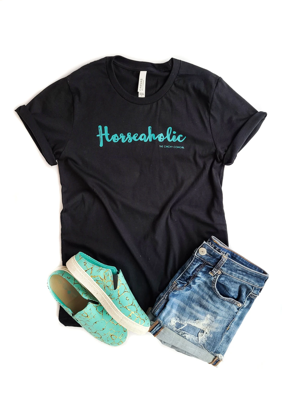 The Cinchy Cowgirl Black Horseaholic Graphic Tee - Short Sleeve Cotton Shirt for Women 3 The Cinchy Cowgirl Clothing Black Horseaholic Short Sleeve Graphic Tee
