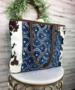 Myra Handbags & Wallets Blue Pattern Cowhide Tote Handbag