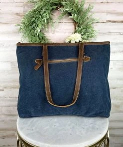 Myra Handbags & Wallets Blue Pattern Cowhide Tote Handbag