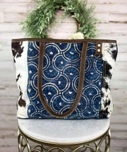 Myra Handbags & Wallets Blue Pattern Cowhide Tote Handbag