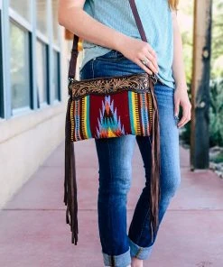 American Darling Handbags & Wallets Burgundy Colorful Aztec Saddle Blanket & Floral Tooled Leather Crossbody