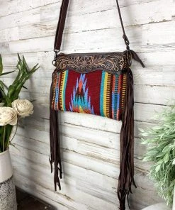 American Darling Handbags & Wallets Burgundy Colorful Aztec Saddle Blanket & Floral Tooled Leather Crossbody