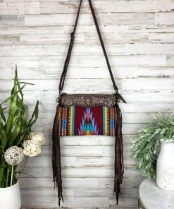 American Darling Handbags & Wallets Burgundy Colorful Aztec Saddle Blanket & Floral Tooled Leather Crossbody