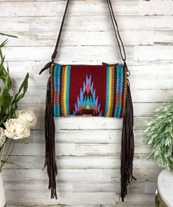 American Darling Handbags & Wallets Burgundy Colorful Aztec Saddle Blanket & Floral Tooled Leather Crossbody