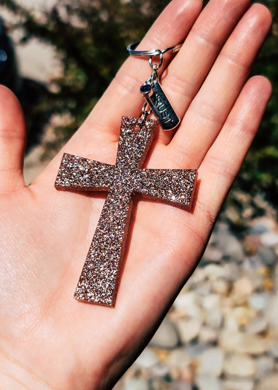 Cinchy Cowgirl Champagne Trust Cross Resin Keychain - Unique Accessory & Gift 3 The Cinchy Cowgirl Champagne Trust Cross Keychain Resin Keychains