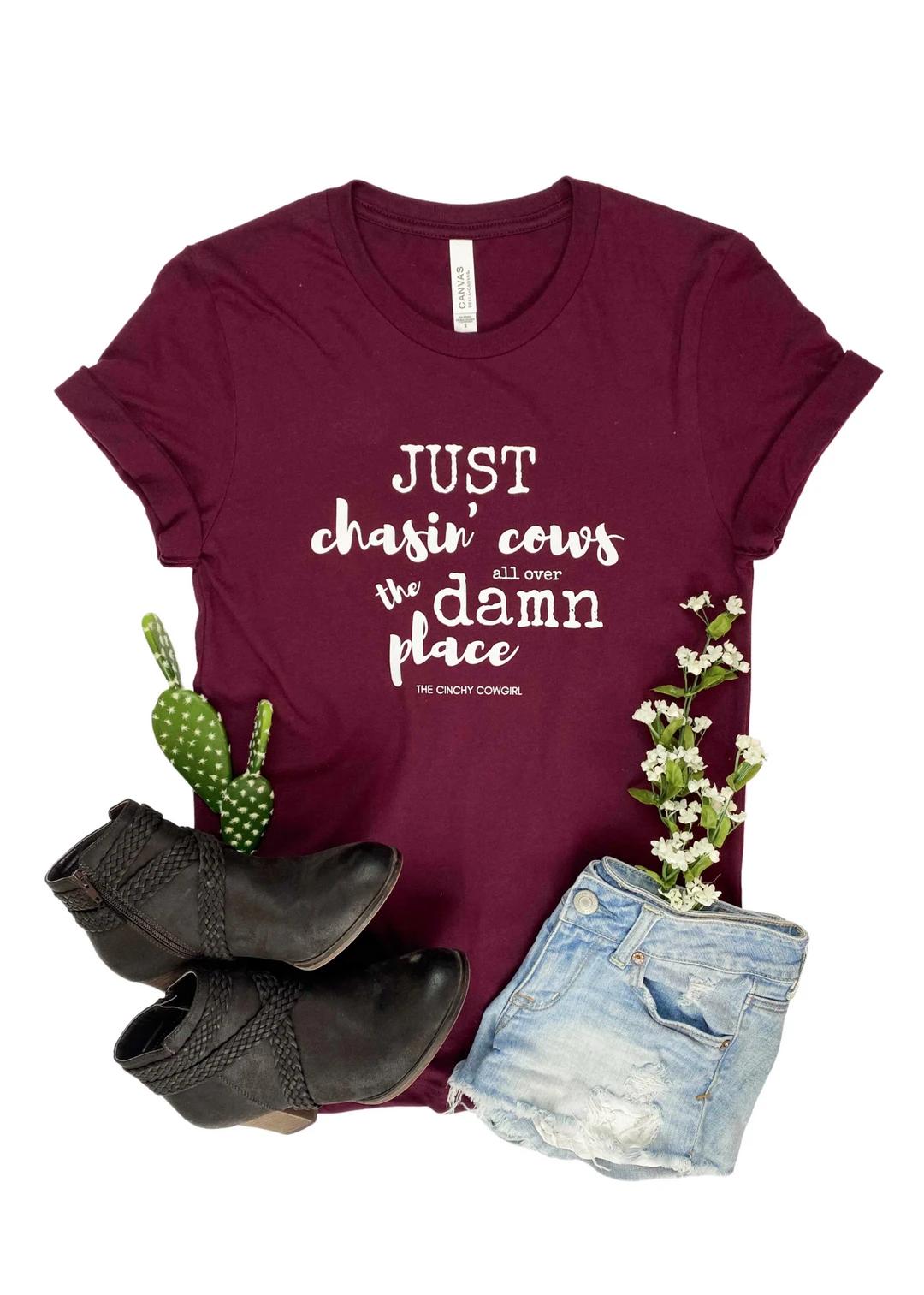 The Cinchy Cowgirl Maroon Just Chasin' Cows Short Sleeve Graphic Tee - Women's Casual Western Style T-Shirt 3 The Cinchy Cowgirl Maroon Just Chasin' Cows Short Sleeve Graphic Tee