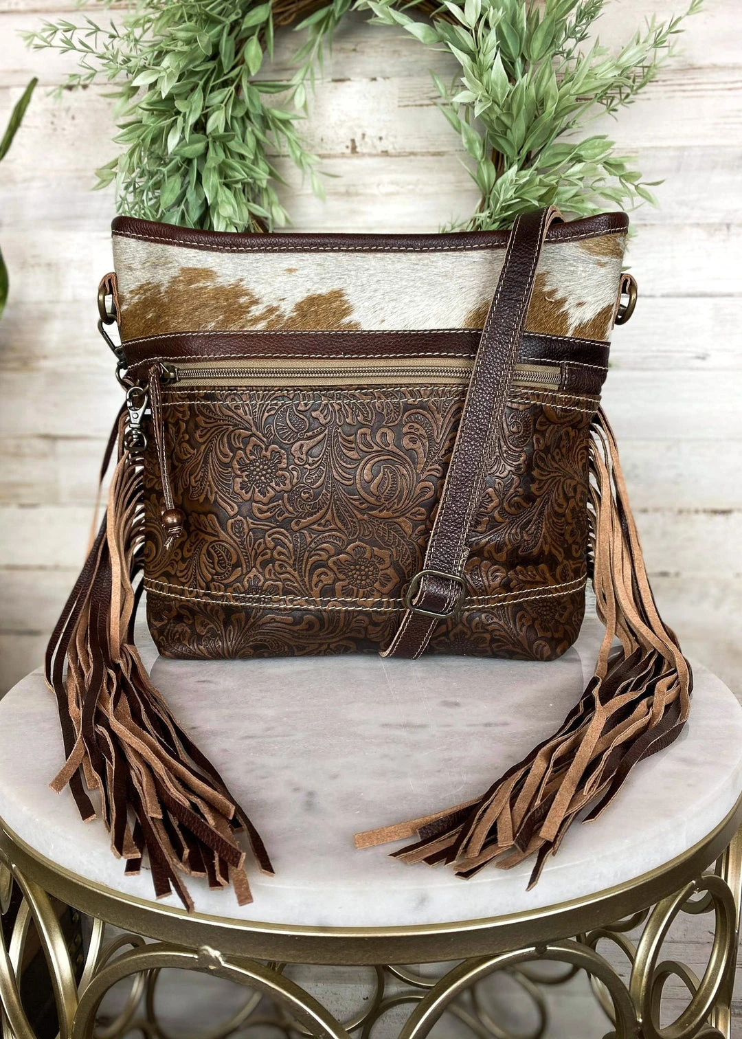 Myra Coffee Floral Tooled Fringe Crossbody Handbag – Stylish & Functional 4 Myra Handbags & Wallets Coffee Floral Tooled Fringe Handbag