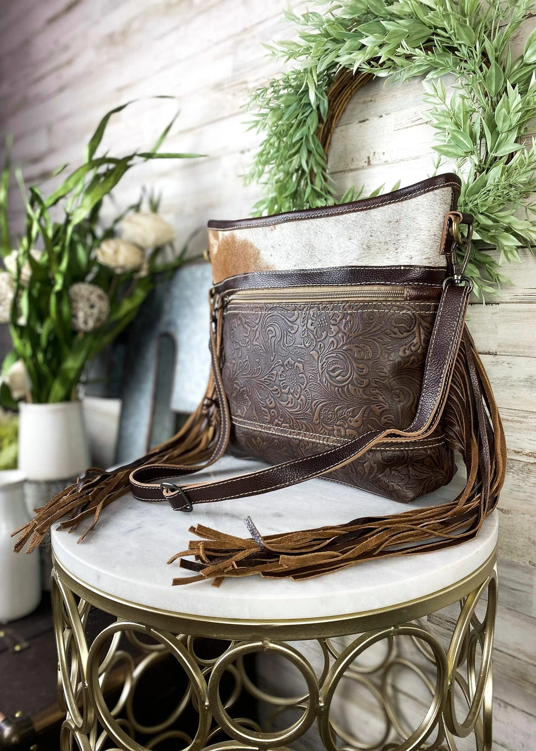 Myra Coffee Floral Tooled Fringe Crossbody Handbag – Stylish & Functional 6 Myra Handbags & Wallets Coffee Floral Tooled Fringe Handbag