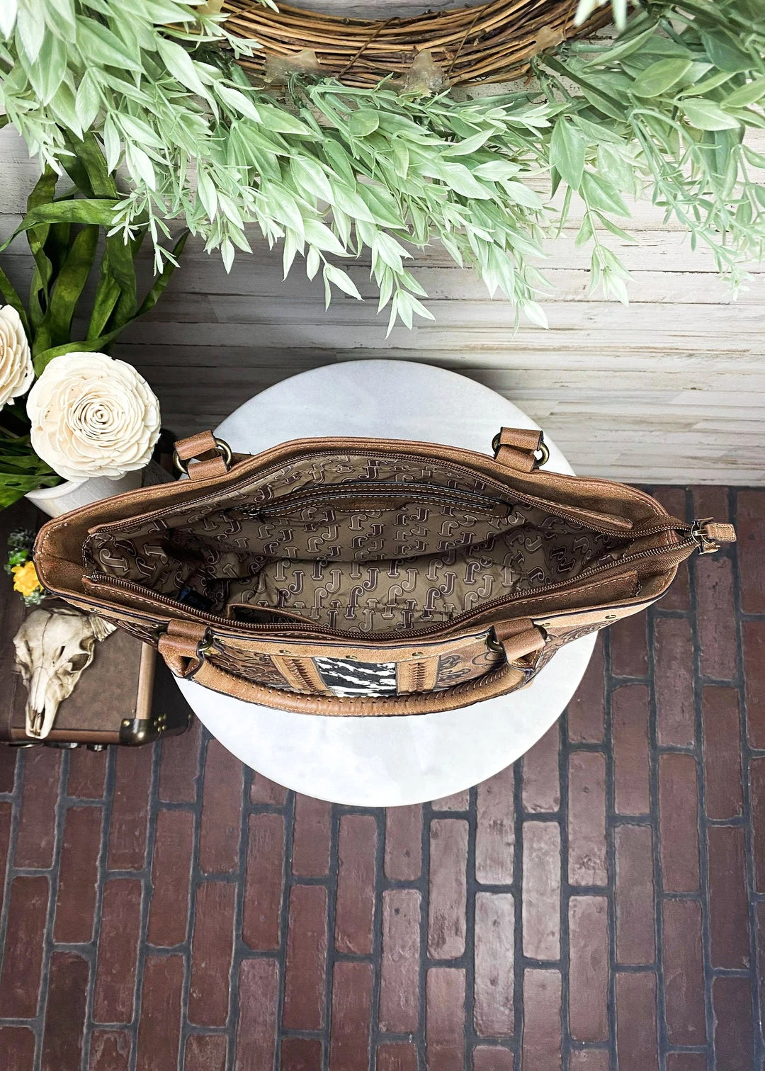 Trenditions Cognac Tooled Cowhide Concealed Carry Tote Handbag - Stylish & Functional 6 Trenditions Concealed Carry Cognac Tooled Cowhide Tote Handbag Handbags & Wallets