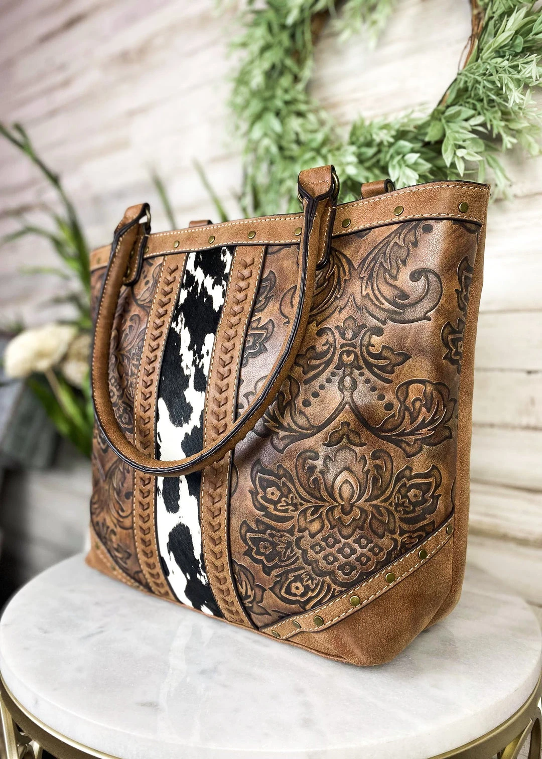 Trenditions Cognac Tooled Cowhide Concealed Carry Tote Handbag - Stylish & Functional 5 Trenditions Concealed Carry Cognac Tooled Cowhide Tote Handbag Handbags & Wallets