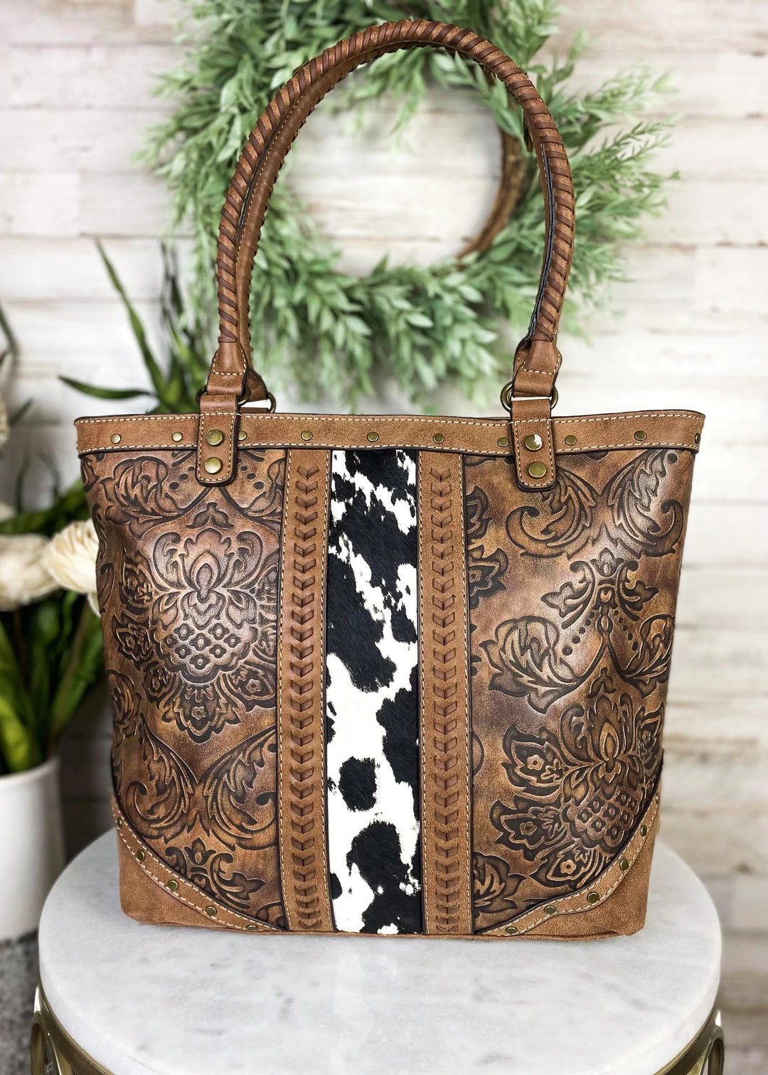 Trenditions Cognac Tooled Cowhide Concealed Carry Tote Handbag - Stylish & Functional 4 Trenditions Concealed Carry Cognac Tooled Cowhide Tote Handbag Handbags & Wallets