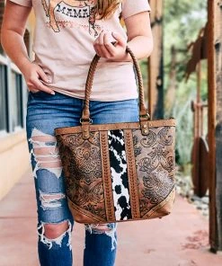 Trenditions Concealed Carry Cognac Tooled Cowhide Tote Handbag Handbags & Wallets