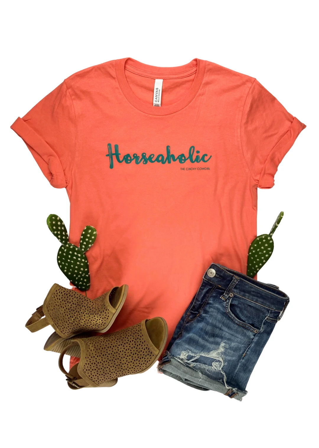 Cinchy Cowgirl Coral Horseaholic Graphic Tee - TCC Short Sleeve Graphic Tops 3 The Cinchy Cowgirl Coral Horseaholic Short Sleeve Graphic Tee TCC Graphic Tanks & Tees