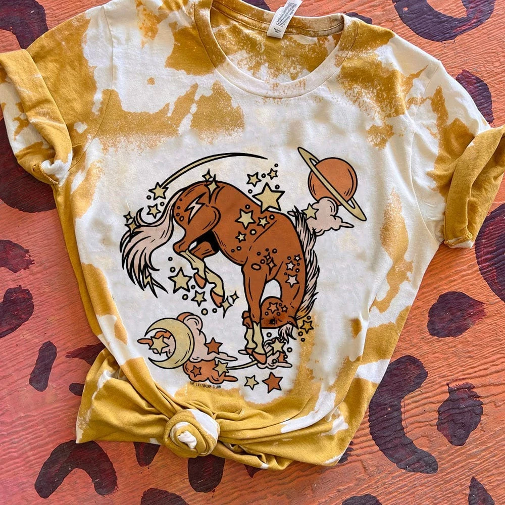 Thelattimoreclaim Bleached Mustard Cosmic Horse & Stars Graphic Tee - Trendy Unisex T-Shirt 3 Thelattimoreclaim Bleached Mustard Cosmic Horse & Stars Tee