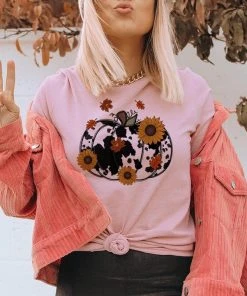 Thelattimoreclaim Peach Cow Print Pumpkin Tee