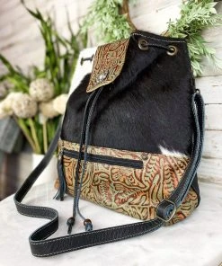 Myra Handbags & Wallets Black & White Cowhide Drawstring Handbag