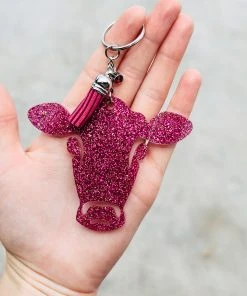 The Cinchy Cowgirl Resin Keychains Dark Pink & Gold Cow Head Keychain