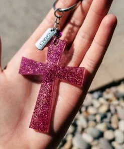 The Cinchy Cowgirl Resin Keychains Dark Pink & Gold Grace Cross Keychain