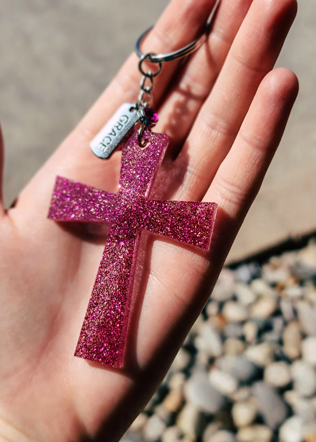 Cinchy Cowgirl Resin Keychain - Elegant Dark Pink & Gold Grace Cross Design 3 The Cinchy Cowgirl Resin Keychains Dark Pink & Gold Grace Cross Keychain