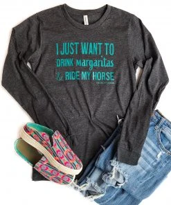 The Cinchy Cowgirl SMALL Dark Heather Grey Drink Margaritas Long Sleeve Graphic Tee CLEARANCE GRAPHICS