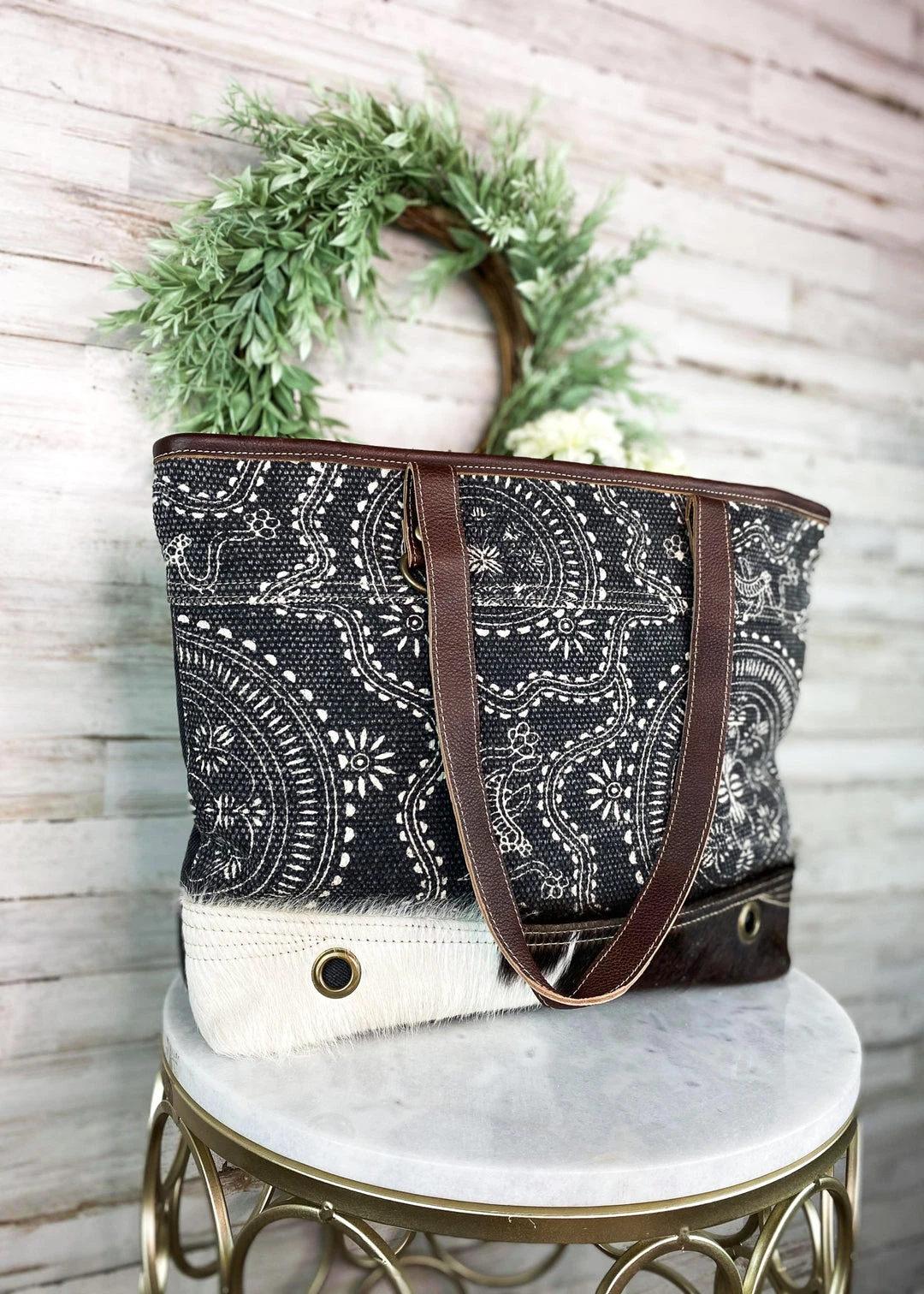 Myra Floral Pattern Cowhide Tote Handbag - MEGA SALE - Stylish & Durable Women's Bag 5 Myra >> MEGA SALE << Floral Pattern Cowhide Tote Handbag