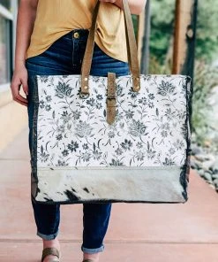 Myra Handbags & Wallets Black Cowhide & Ivory Floral Weekender Bag
