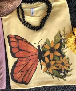 Thelattimoreclaim Yellow Floral Butterfly Short Sleeve Tee