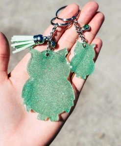 The Cinchy Cowgirl Resin Keychains Green Owl & Mini (Set Of 2) Keychain
