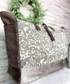 Myra Handbags & Wallets Grey Paisley Cowhide Weekender Bag
