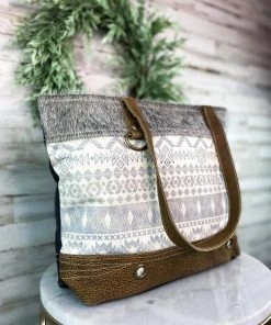 Myra Handbags & Wallets Grey & Cream Aztec Cowhide Tote Handbag