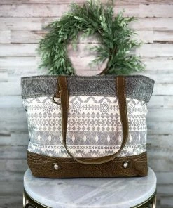 Myra Handbags & Wallets Grey & Cream Aztec Cowhide Tote Handbag