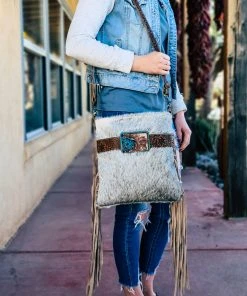 Myra Grey Slate Cowhide & Floral Tooled Crossbody Handbag