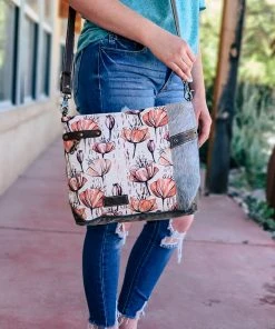 Sixtease Handbags & Wallets Pink Petals & Grey Cowhide Crossbody Handbag