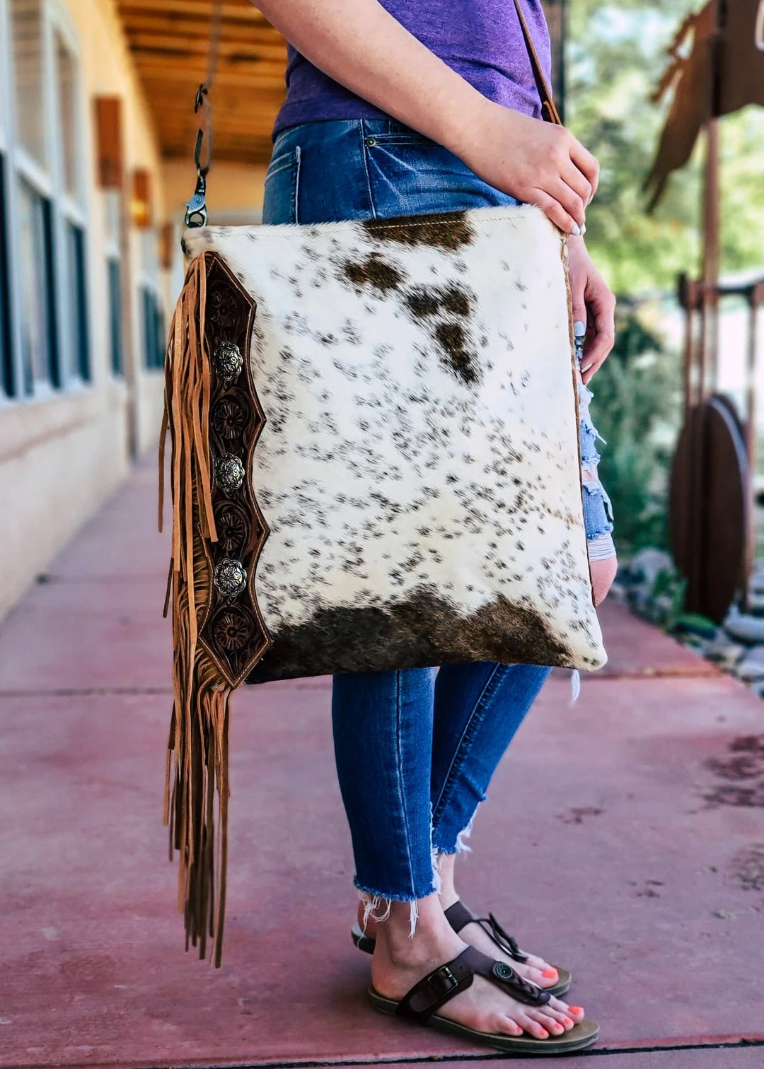Myra Hand Tooled Brown & White Cowhide Handbag | Stylish Leather Bag | MEGA SALE 15 Myra Hand Tooled Brown & White Cowhide Handbag