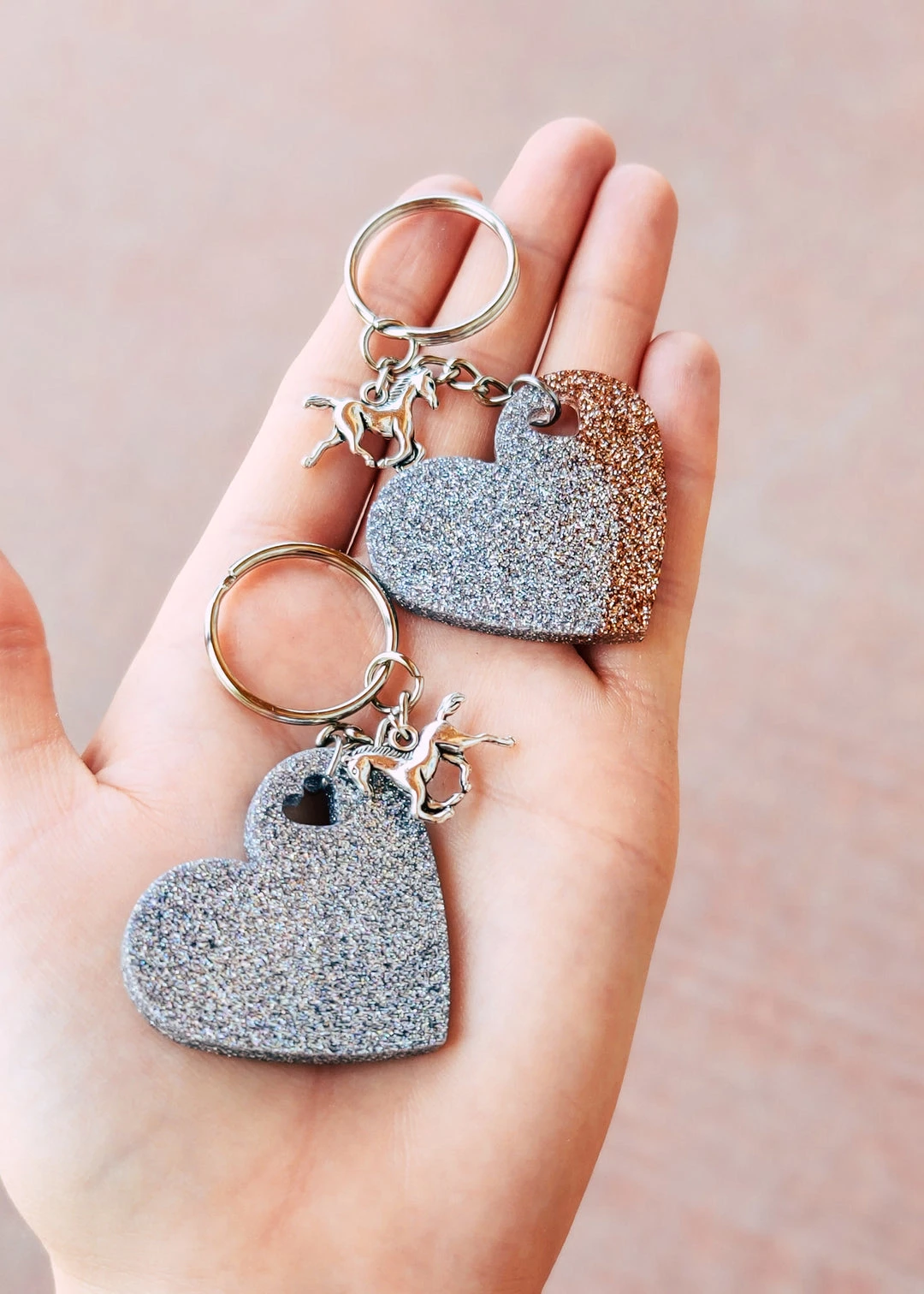The Cinchy Cowgirl Champagne & Holographic Silver Heart Keychain (Set of 2) - Unique Resin Accessories & Gift Ideas 3 The Cinchy Cowgirl Accessories, Gifts & More Champagne & Holographic Silver Heart (Set Of 2) Keychain