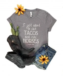The Cinchy Cowgirl Clothing Storm Grey Eat Tacos & Ride Horses Short Sleeve Graphic Tee