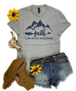 The Cinchy Cowgirl Heather Grey Faith Can Move Mountains Short Sleeve Tee Clothing