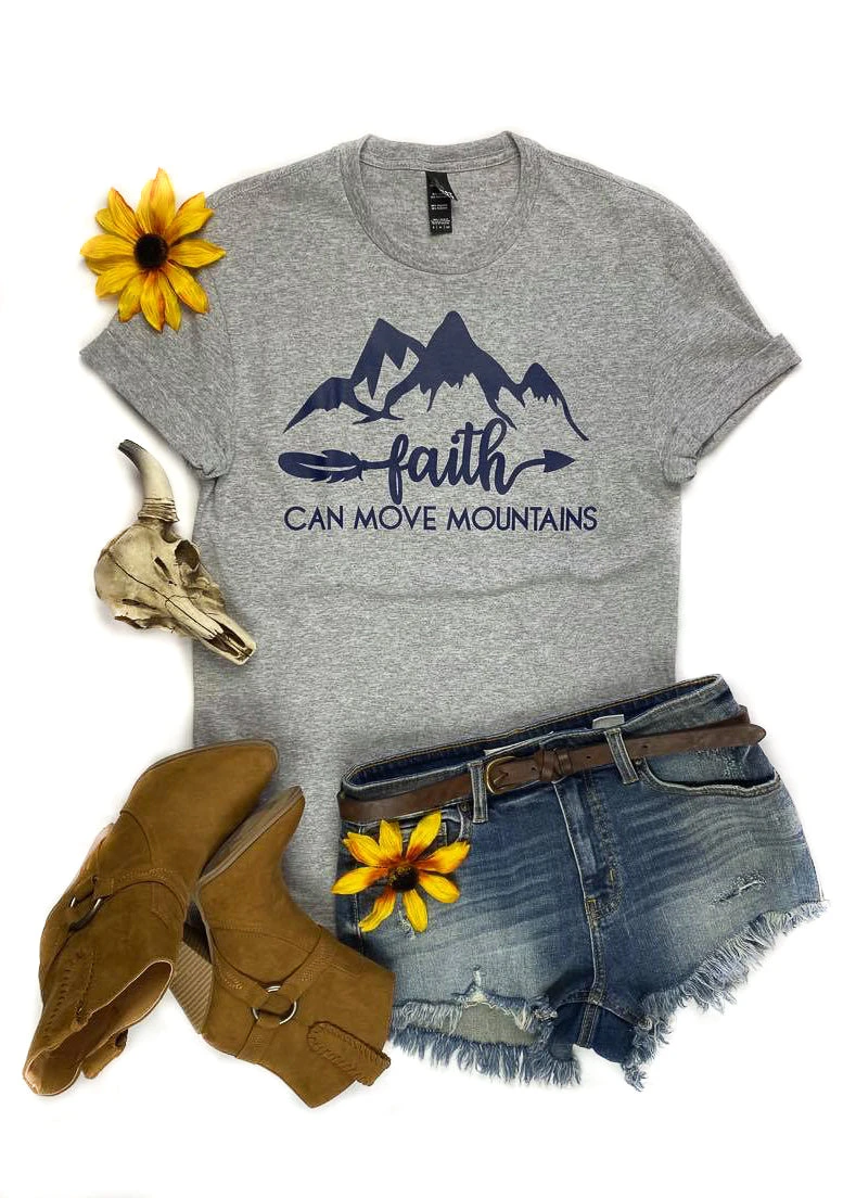 The Cinchy Cowgirl Faith Can Move Mountains Heather Grey Short Sleeve Graphic Tee 3 The Cinchy Cowgirl Heather Grey Faith Can Move Mountains Short Sleeve Tee Clothing