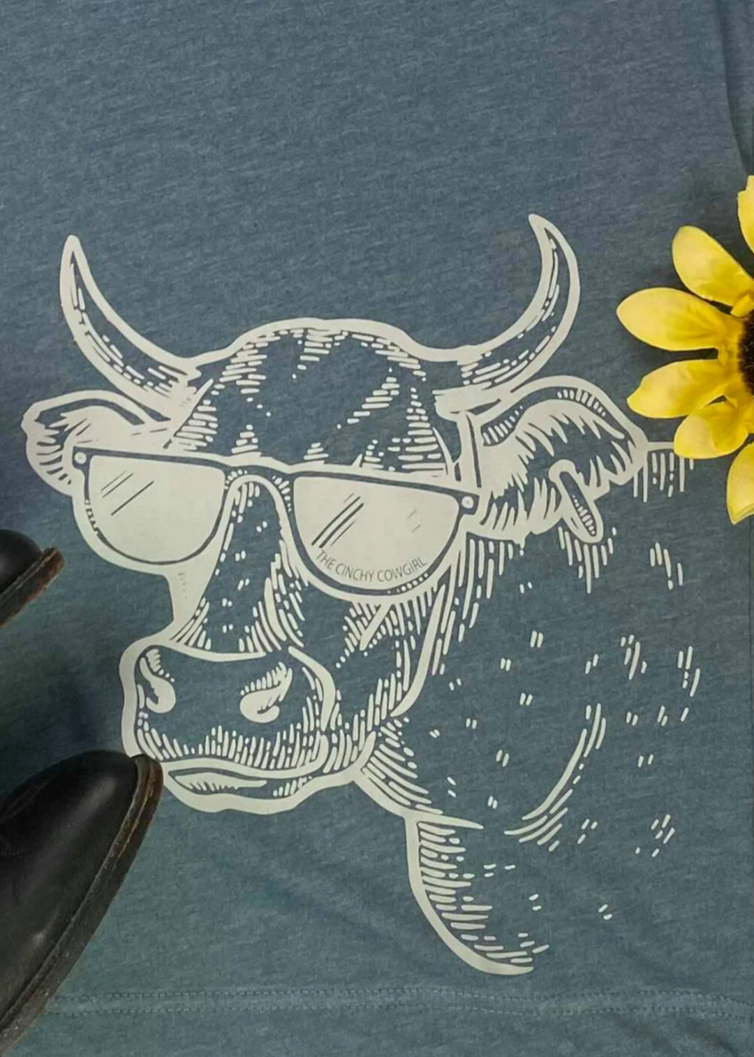 The Cinchy Cowgirl Heather Slate Cool Cow Graphic Short Sleeve Tee - Trendy Casual Top 4 The Cinchy Cowgirl Clothing Heather Slate Cool Cow Side Short Sleeve Tee