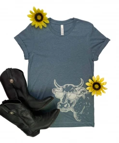 The Cinchy Cowgirl Clothing Heather Slate Cool Cow Side Short Sleeve Tee