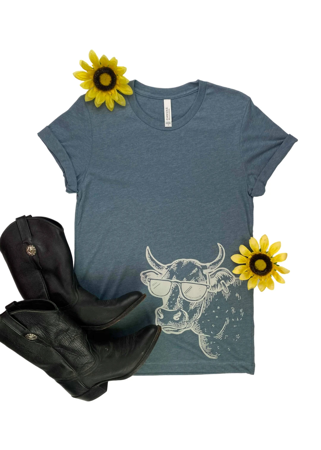 The Cinchy Cowgirl Heather Slate Cool Cow Graphic Short Sleeve Tee - Trendy Casual Top 3 The Cinchy Cowgirl Clothing Heather Slate Cool Cow Side Short Sleeve Tee