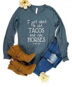 The Cinchy Cowgirl Clothing Heather Slate Eat Tacos Long Sleeve Graphic Tee