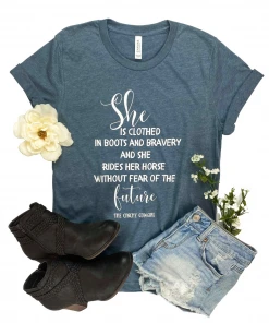 The Cinchy Cowgirl Heather Slate She Is Clothed Short Sleeve Graphic Tee Clothing