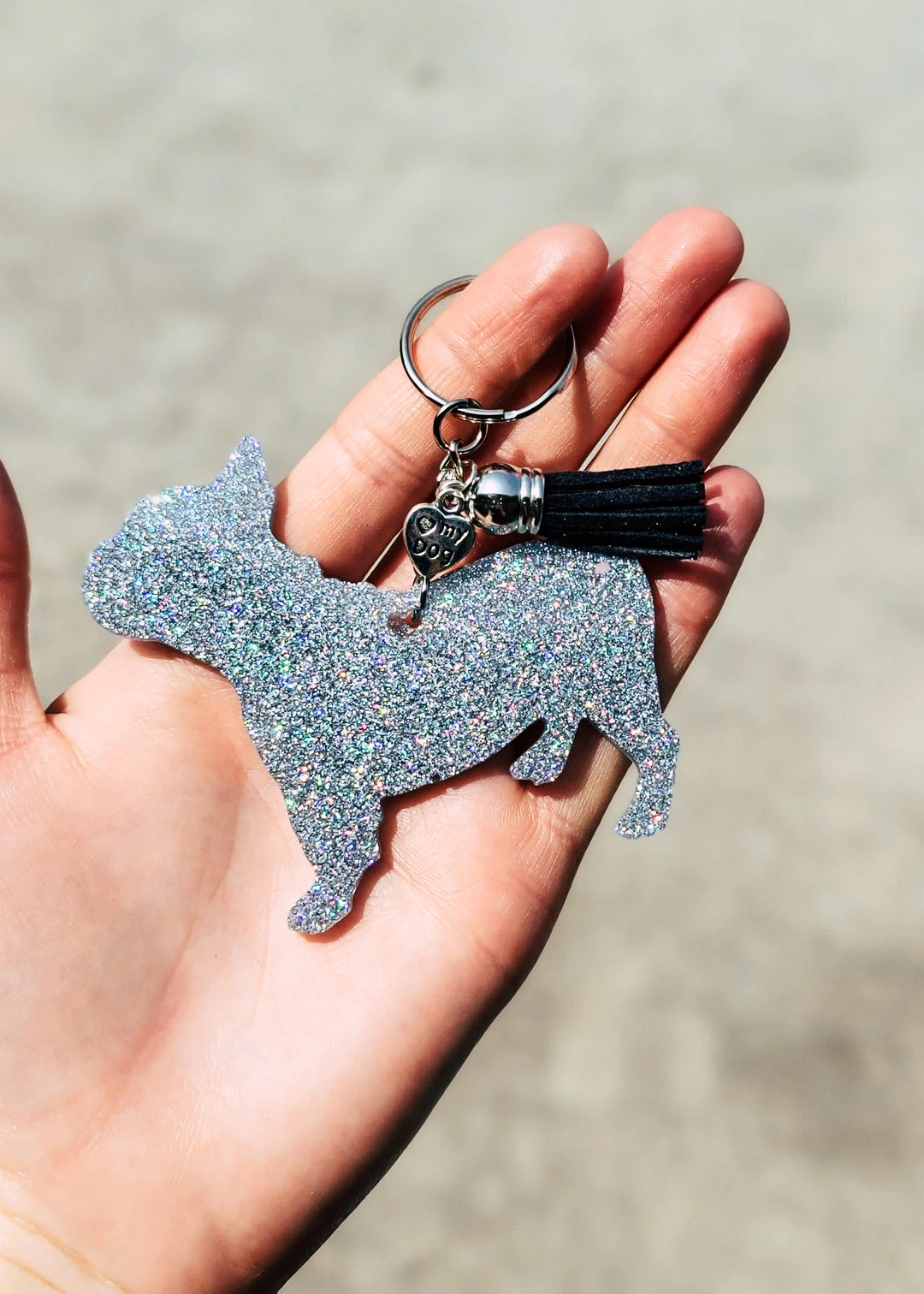 Cinchy Cowgirl Holographic Silver Frenchie Keychain | Unique Resin Keychain Accessory 3 The Cinchy Cowgirl Holographic Silver Frenchie Keychain Resin Keychains