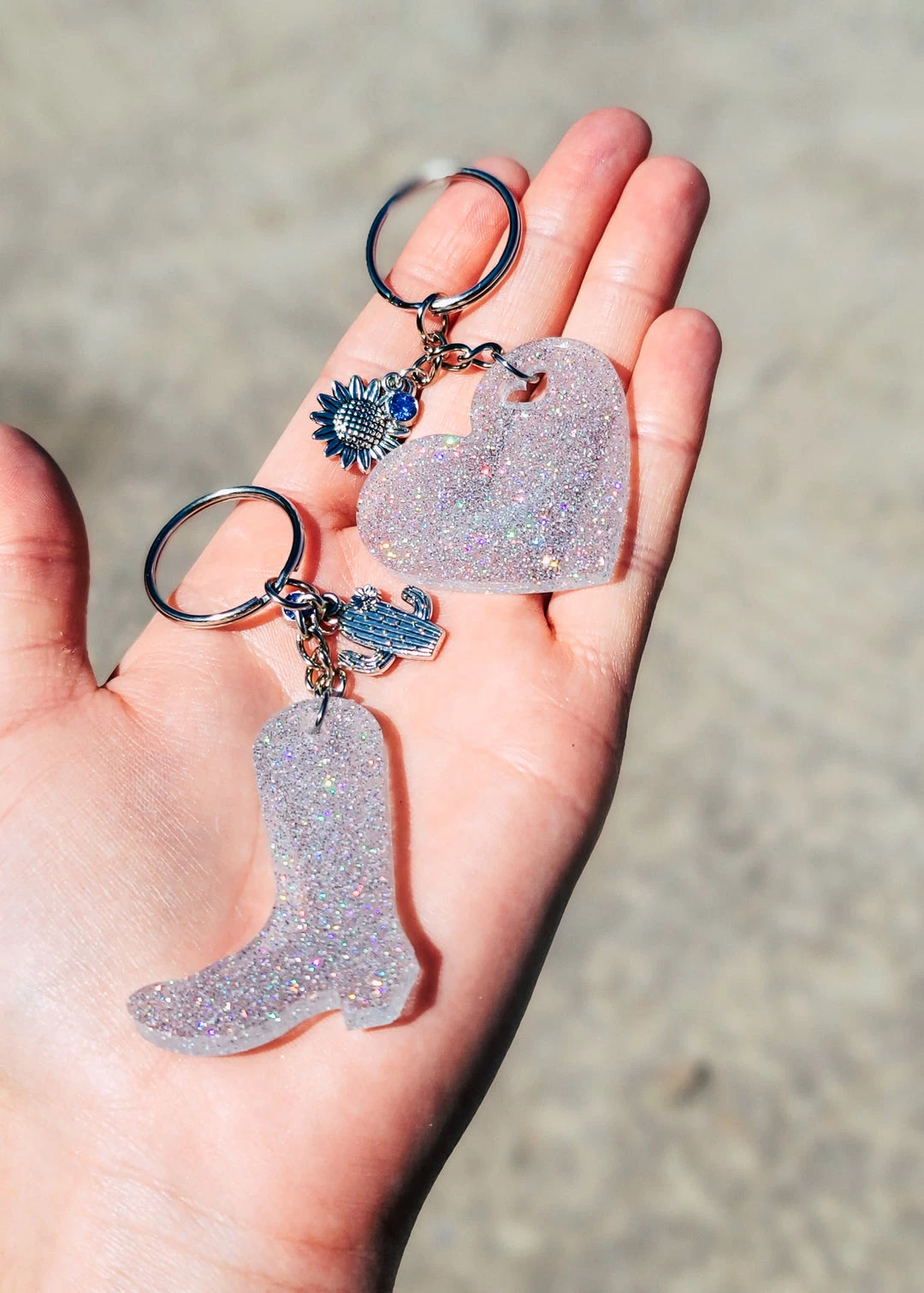 Cinchy Cowgirl Holographic Silver Boot & Heart Resin Keychain Set (2-Pack) 3 The Cinchy Cowgirl Holographic Silver Boot & Heart (set Of 2) Keychain Resin Keychains