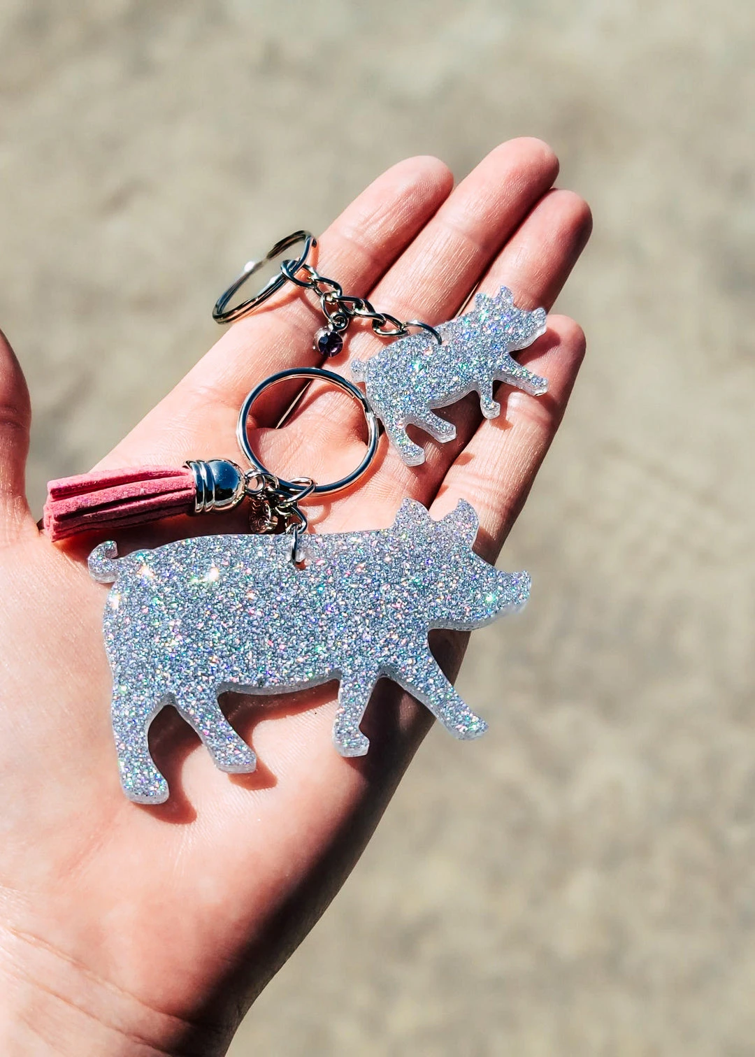 Cinchy Cowgirl Resin Keychains - Holographic Silver Pig & Piglet Set Of 2 3 The Cinchy Cowgirl Resin Keychains Holographic Silver Pig & Piglet (Set Of 2) Keychain