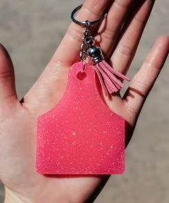 The Cinchy Cowgirl Resin Keychains Hot Pink Ear Tag Keychain